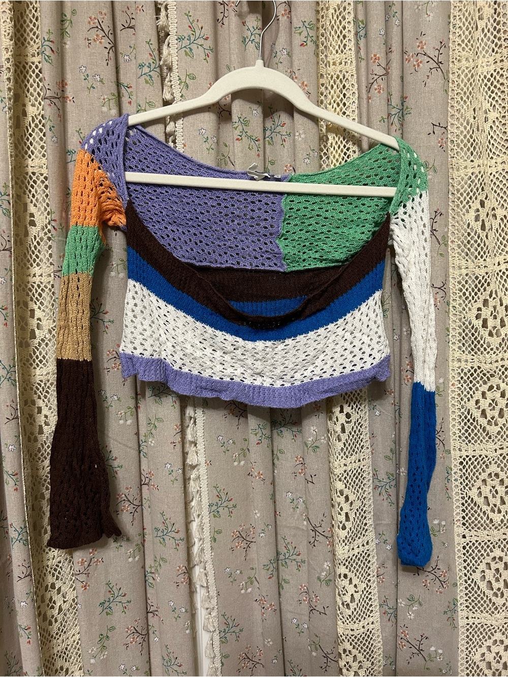 Earthbound‎ Crochet Patchwork Color-block Fairy Grunge Crop Sweater S